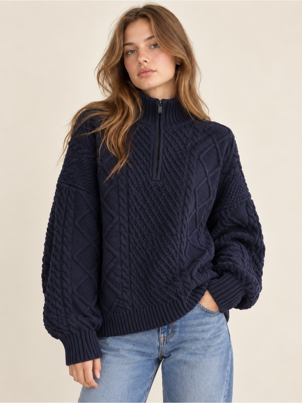 Aritzia Sunday Best Navy Cable-Knit Quarter zip Sweater-S